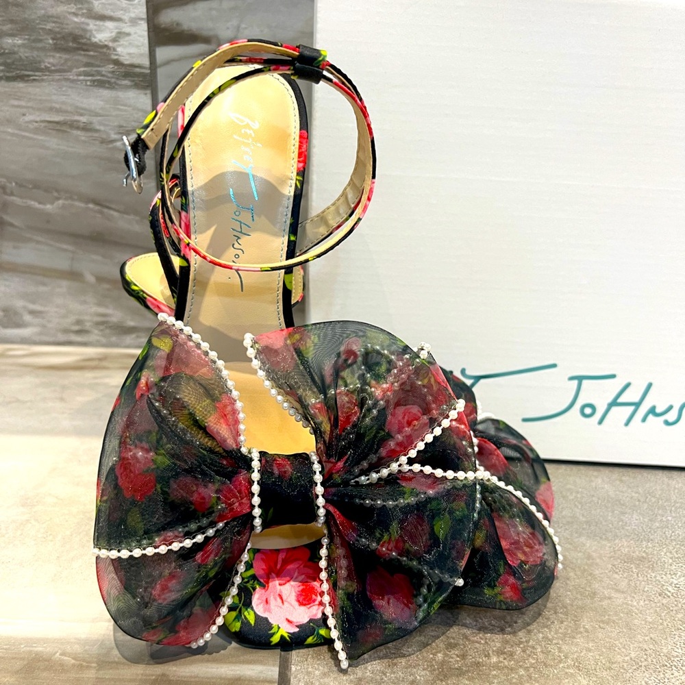 Betsey Johnson Black Floral Bow Ankle-Strap Heels